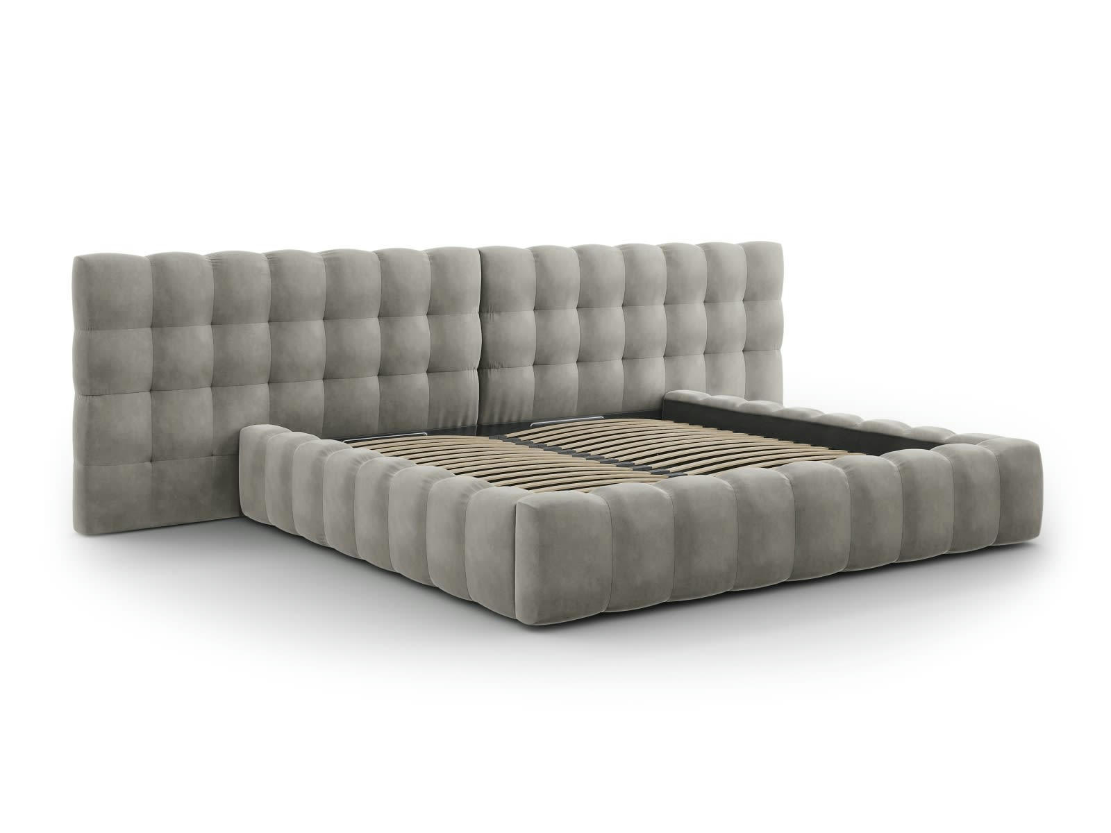 MAMAIA - Lit coffre en avec tête de lit double 200x200cm velours gris clair