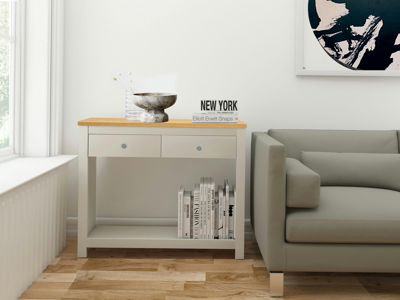 EMERALD - Table console avec 2 tiroirs en MDF chêne et crème