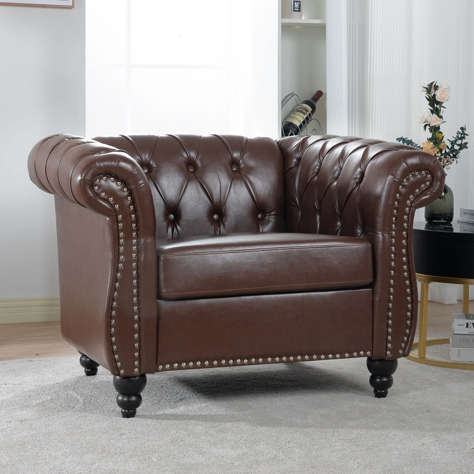 Oversized Brown Faux Leather Tufted Sofa Chair - 32.09 x 38.98 x 28.35