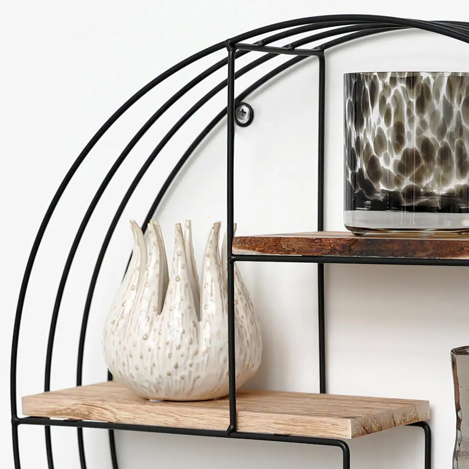 Zwart metalen wandrek met 4 houten plankjes - Rond - 50x11 cm
