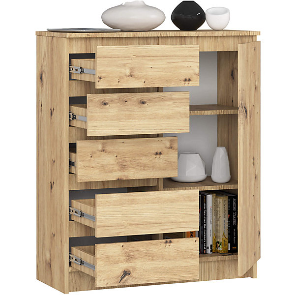 Commode AKORD K80 Chêne Artisan 80 cm 1 porte 5 tiroirs 3 étagères 80x35x97 cm