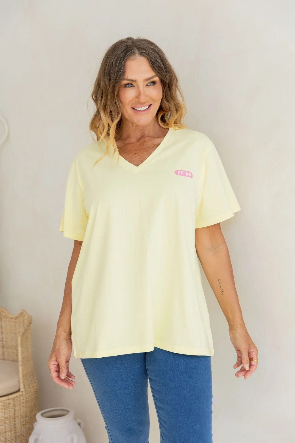 Della Relaxed V-Tee in Be Okay Lemon by Kasey Rainbow