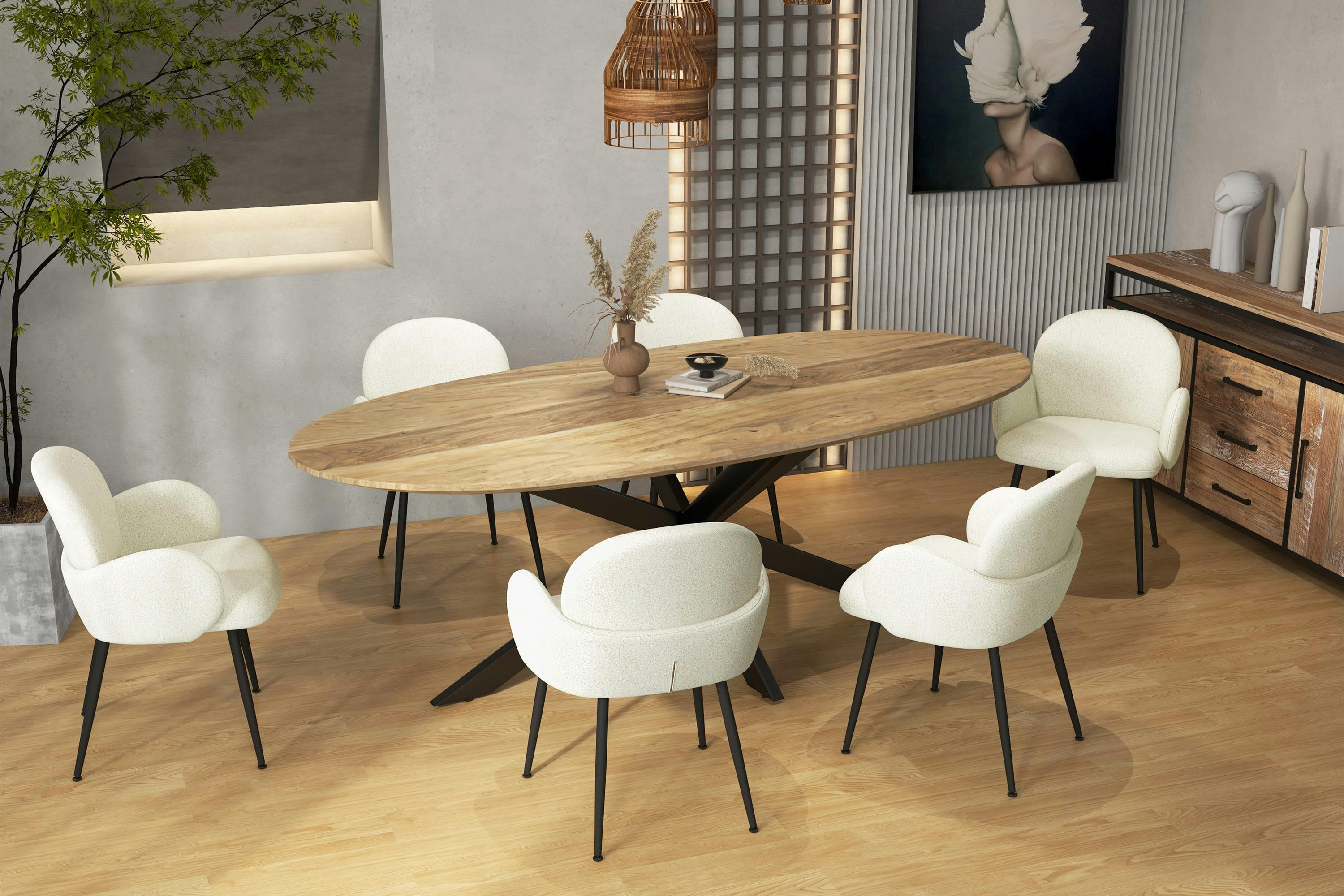 ALICE - Chaise en tissu bouclé Ecru et pieds métal noir (x2)