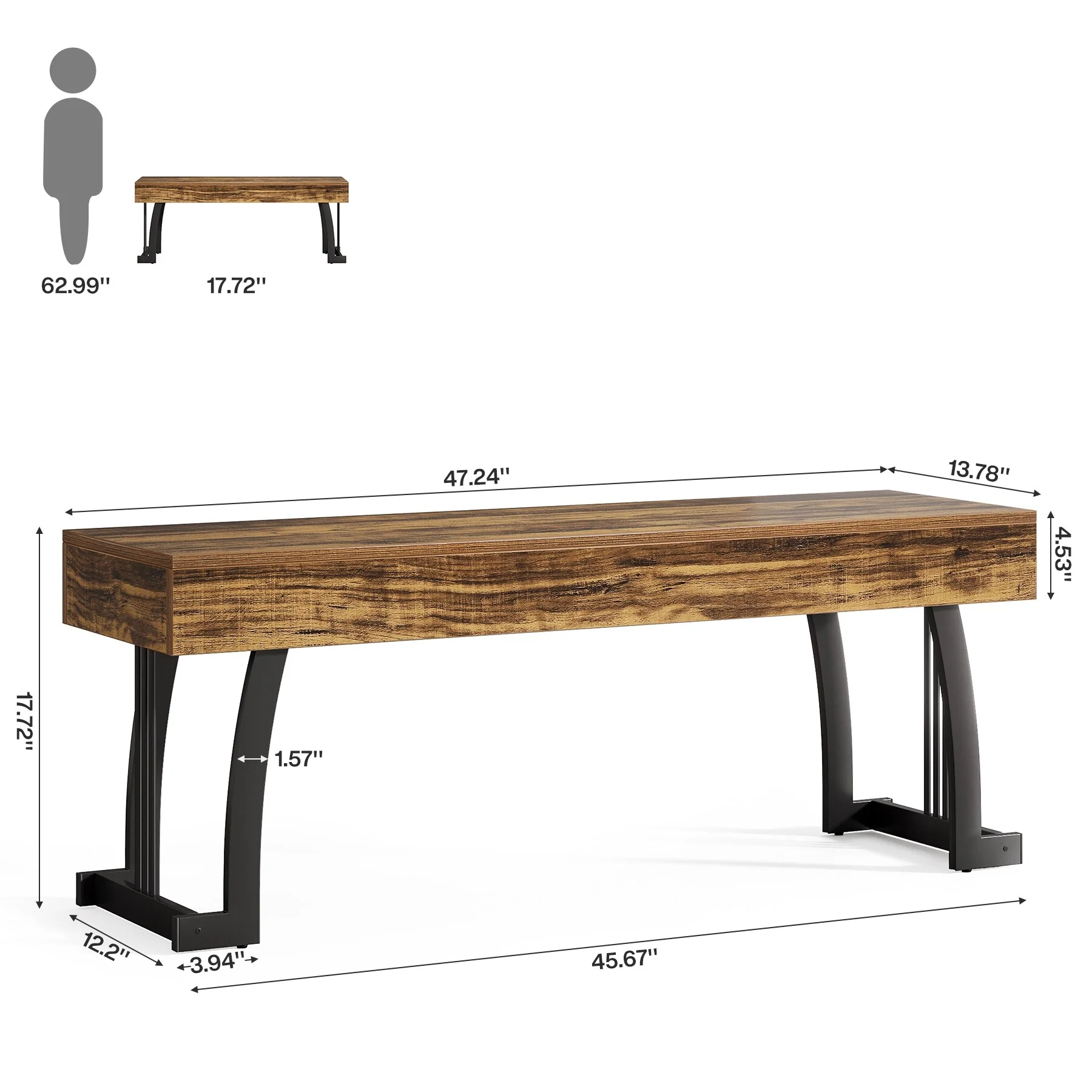 47.2 Wooden Entryway Bench, Indoor End of Bed Bench with Metal Legs