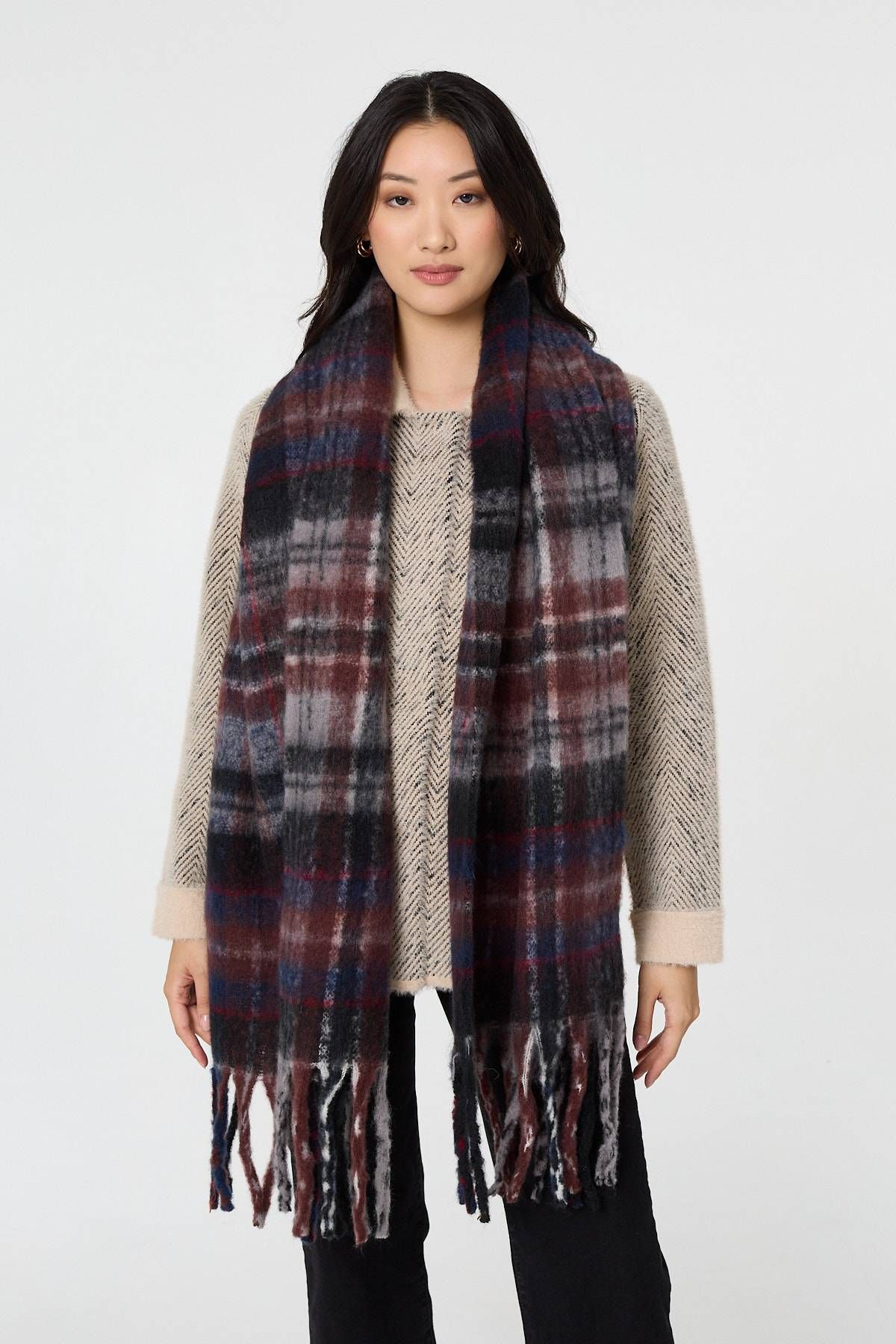 Izabel London Tartan Print Oversized Fringed Scarf