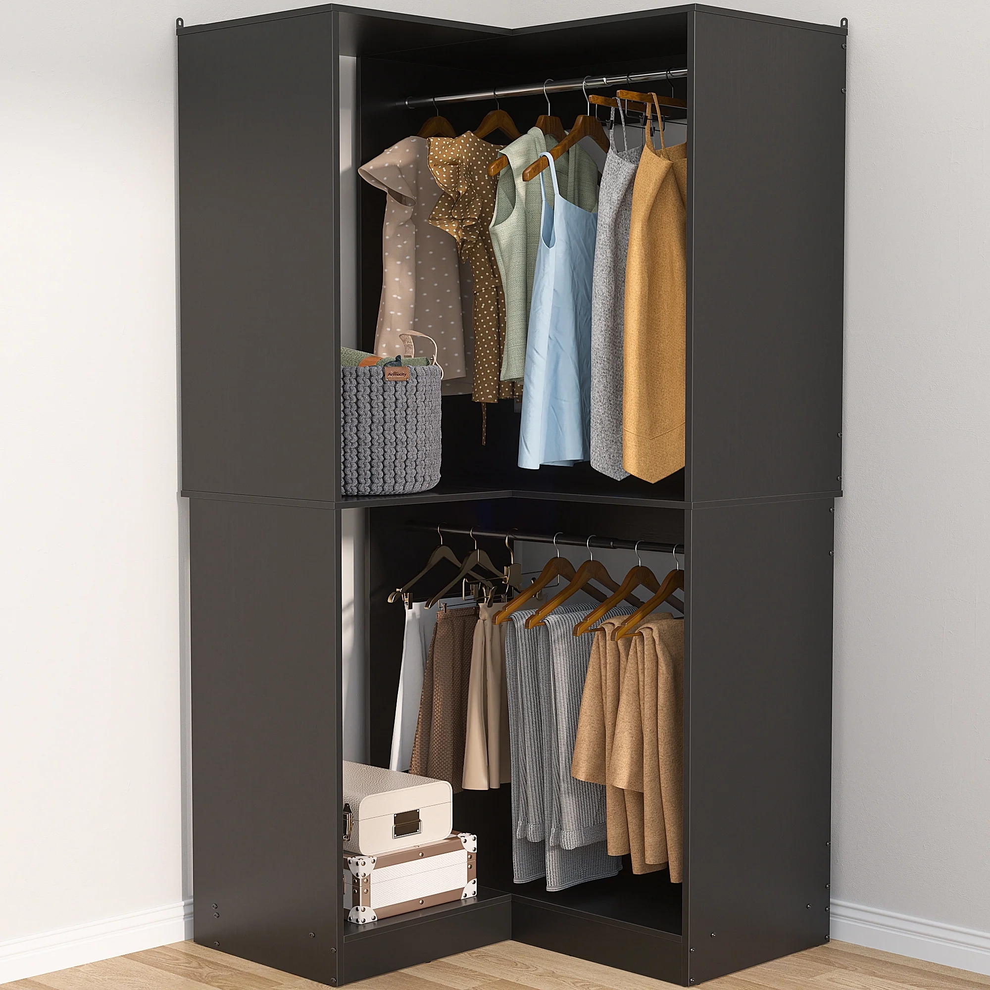 Vryon Corner Closet Organizer, Space-saving Closet System with Hanging Rods for Walk-in Closet