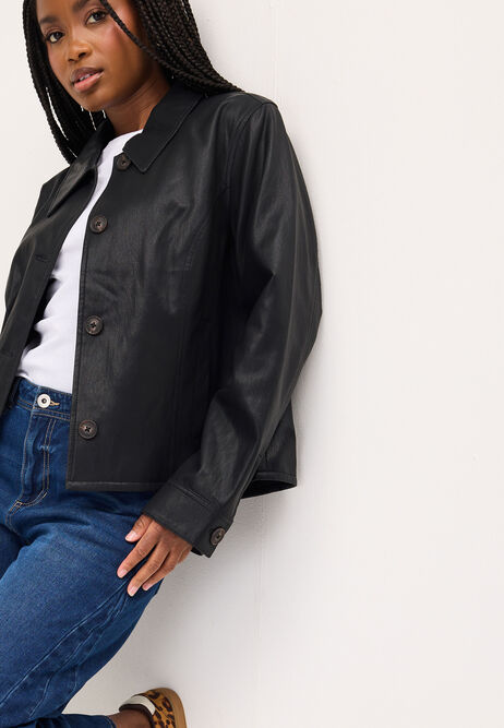 Womens Black Faux Leather Button Up Jacket