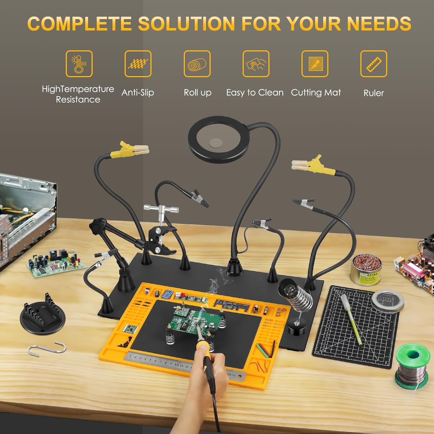 Helping Hands Soldering Station with Heavy-Duty Steel Base, Non-Slip Silicone Pad, 10+ Magnetic Accessories Kit, 10X 5X Magnifying Lamp, Third Hand Soldering Tool for Craft PCB Jewelry Making Modeling