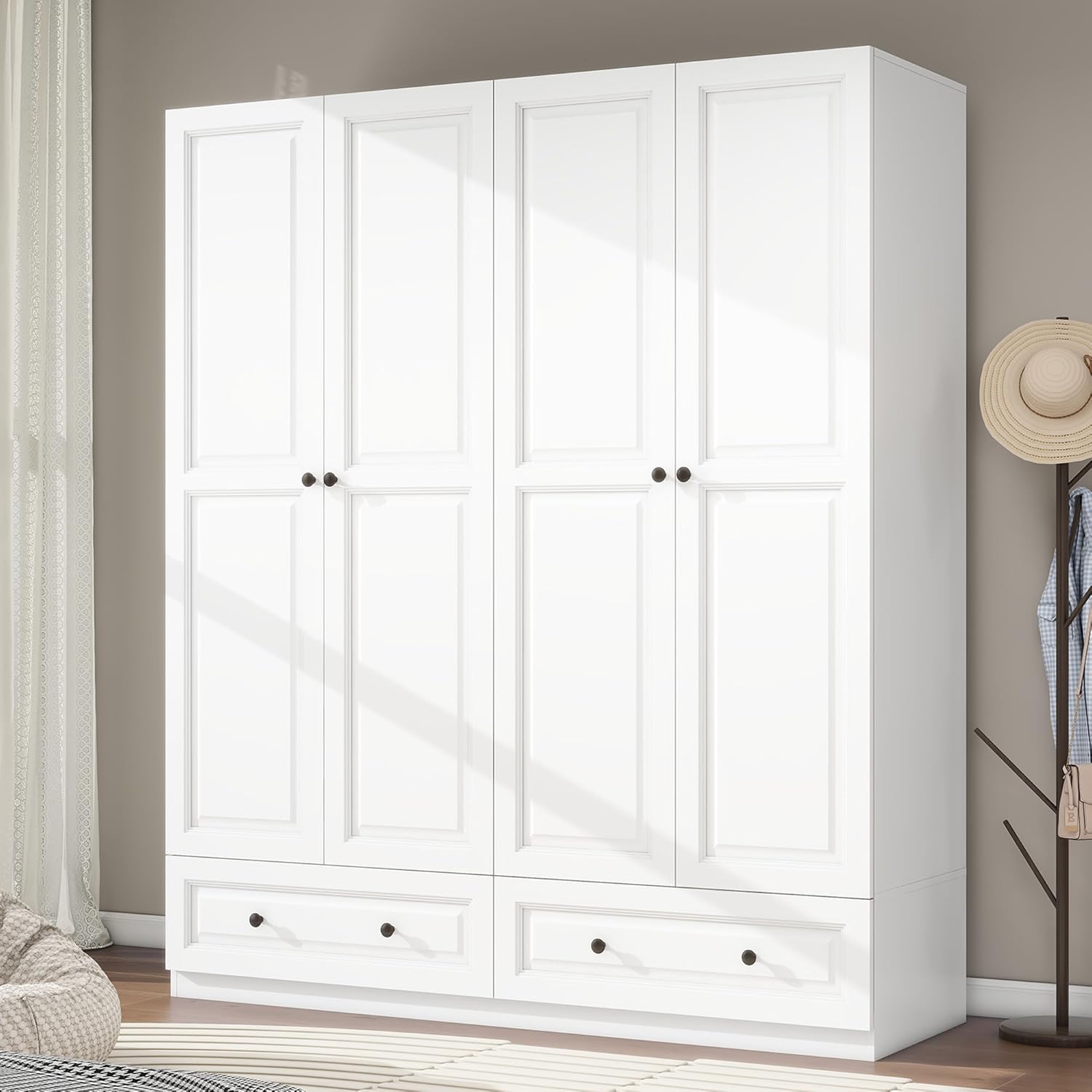 Armoire Wardrobe Closet with Drawers: 63 White Wardrobe Closet with 4 Doors and 2 Drawers, Wood Clothes Armoire with Hanging Rod, Clothing Storage Cabinet for Bedroom