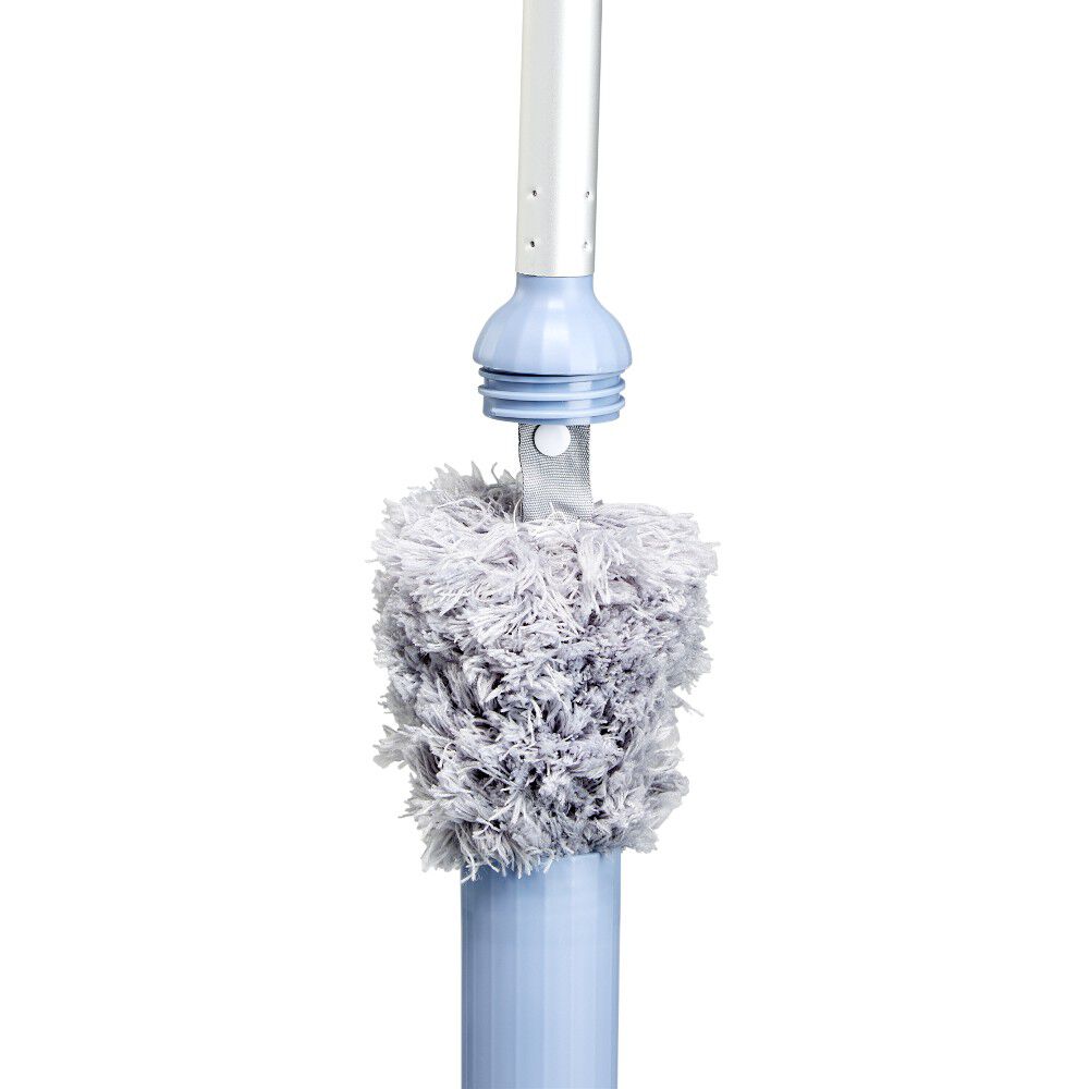 Balai avec plumeau intégré au manche gris et bleu