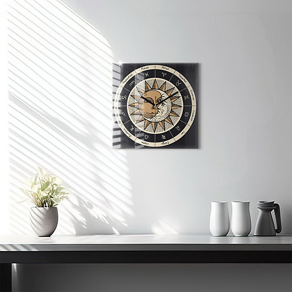 Horloge murale Wallfluent 30x30 cm Aiguilles noires Soleil et signes du zodiaque 1 pcs