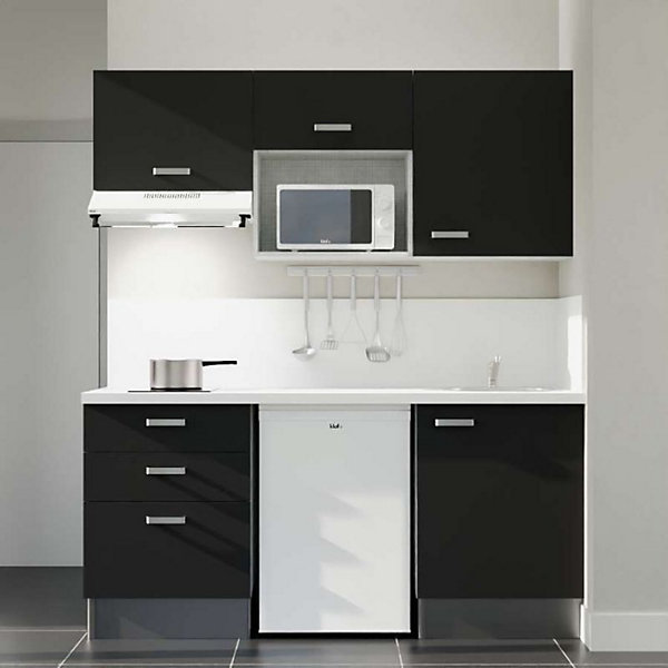 Kitchenette K20 façades Noir - Plan de travail Blanc - Crédences : Oui - Evier inox - Electroménager Blanc inclus