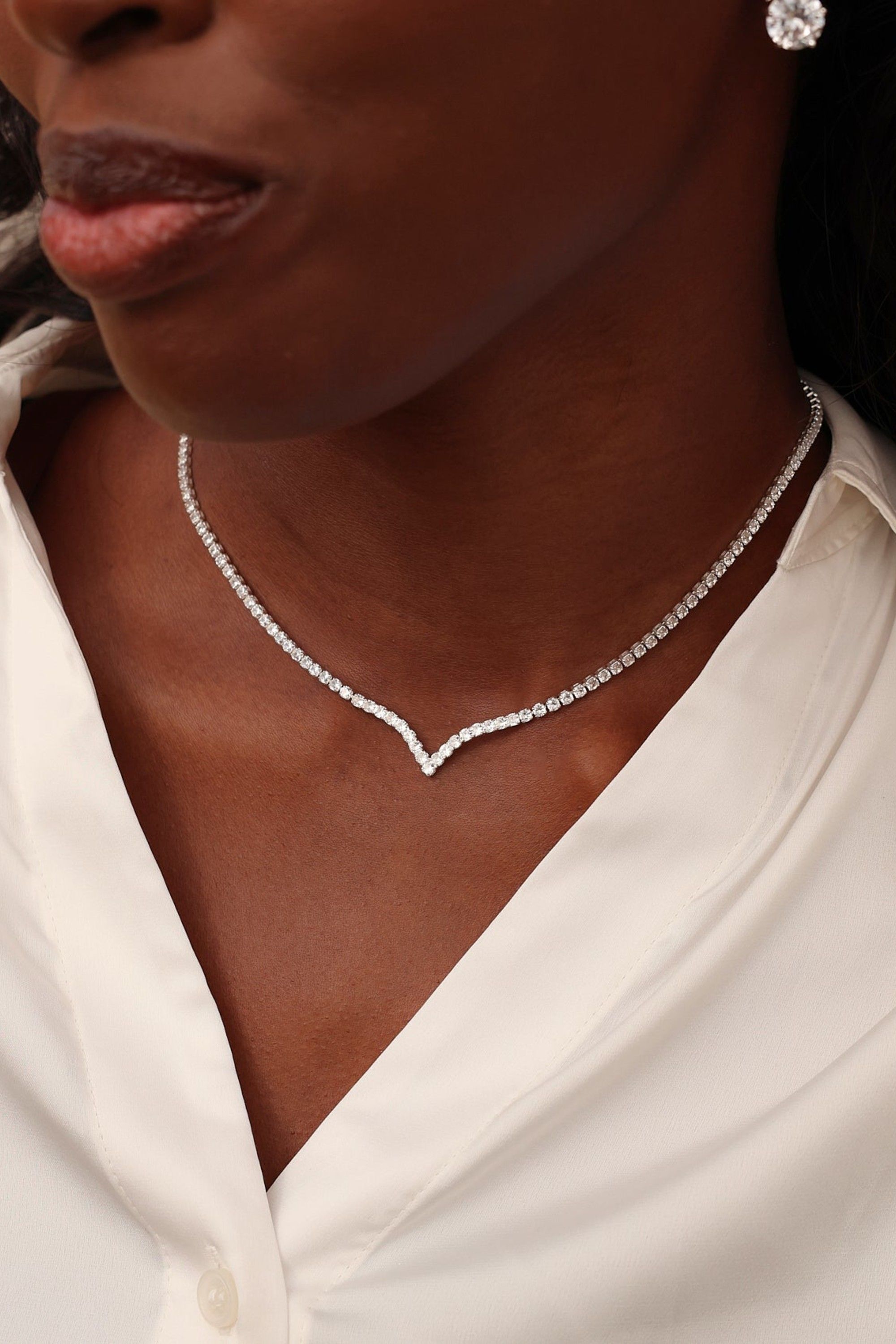 Linzi Evermore Silver V-Shape Tennis Necklace