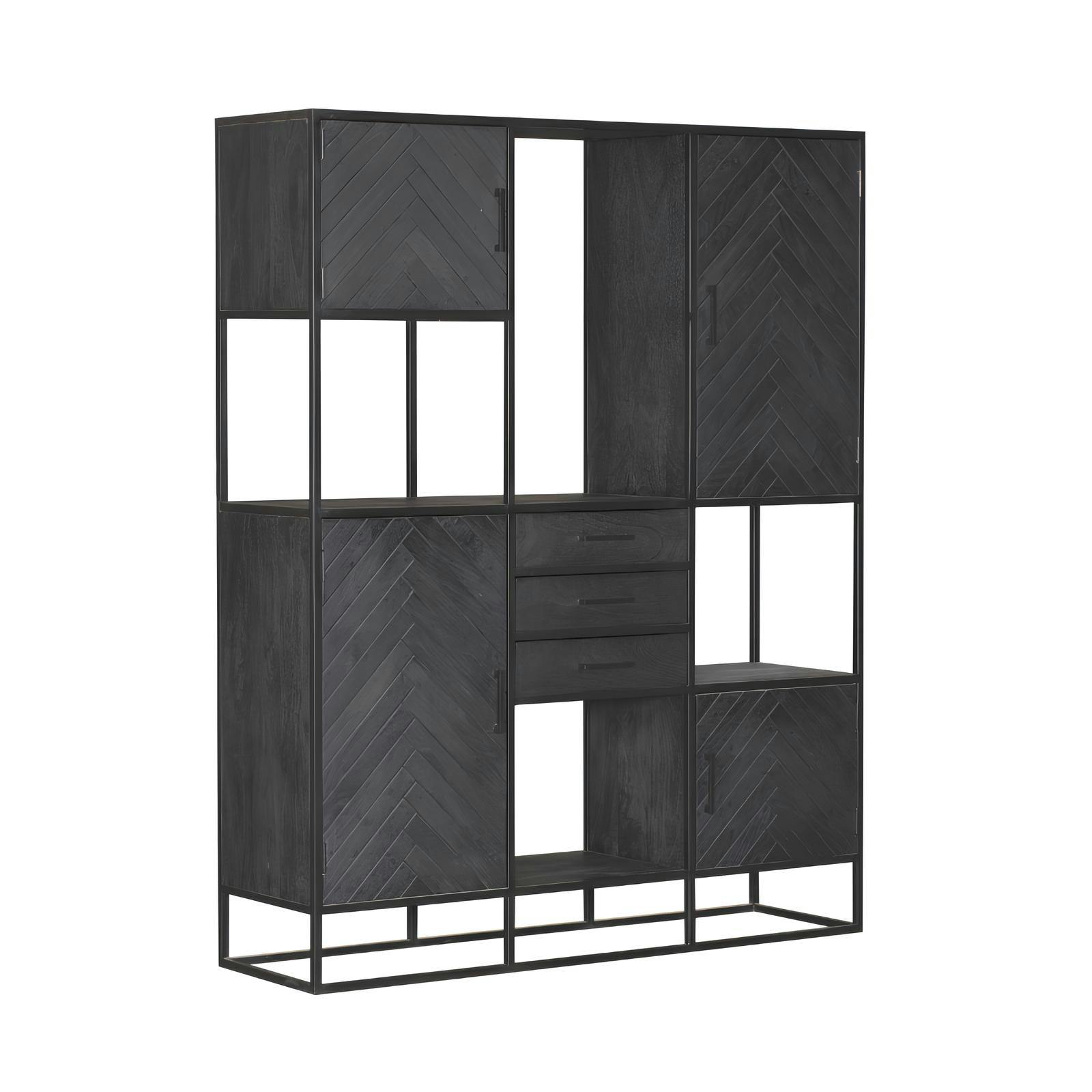 Bibliothèque étagère bois noir 4 portes motif chevron ALVERA