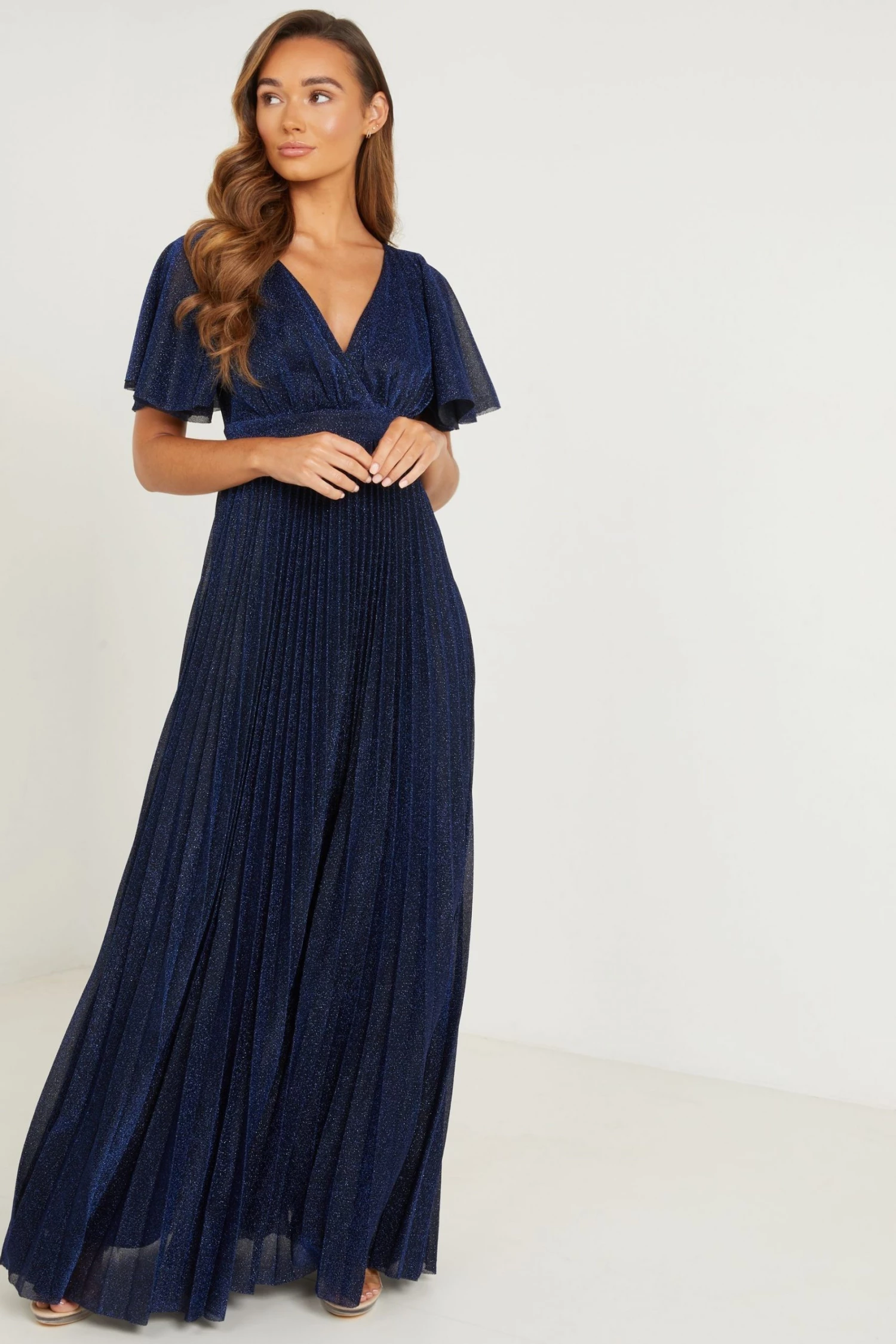 Quiz Blue Pleated Wrap Maxi Dress With Angelic Sleeves