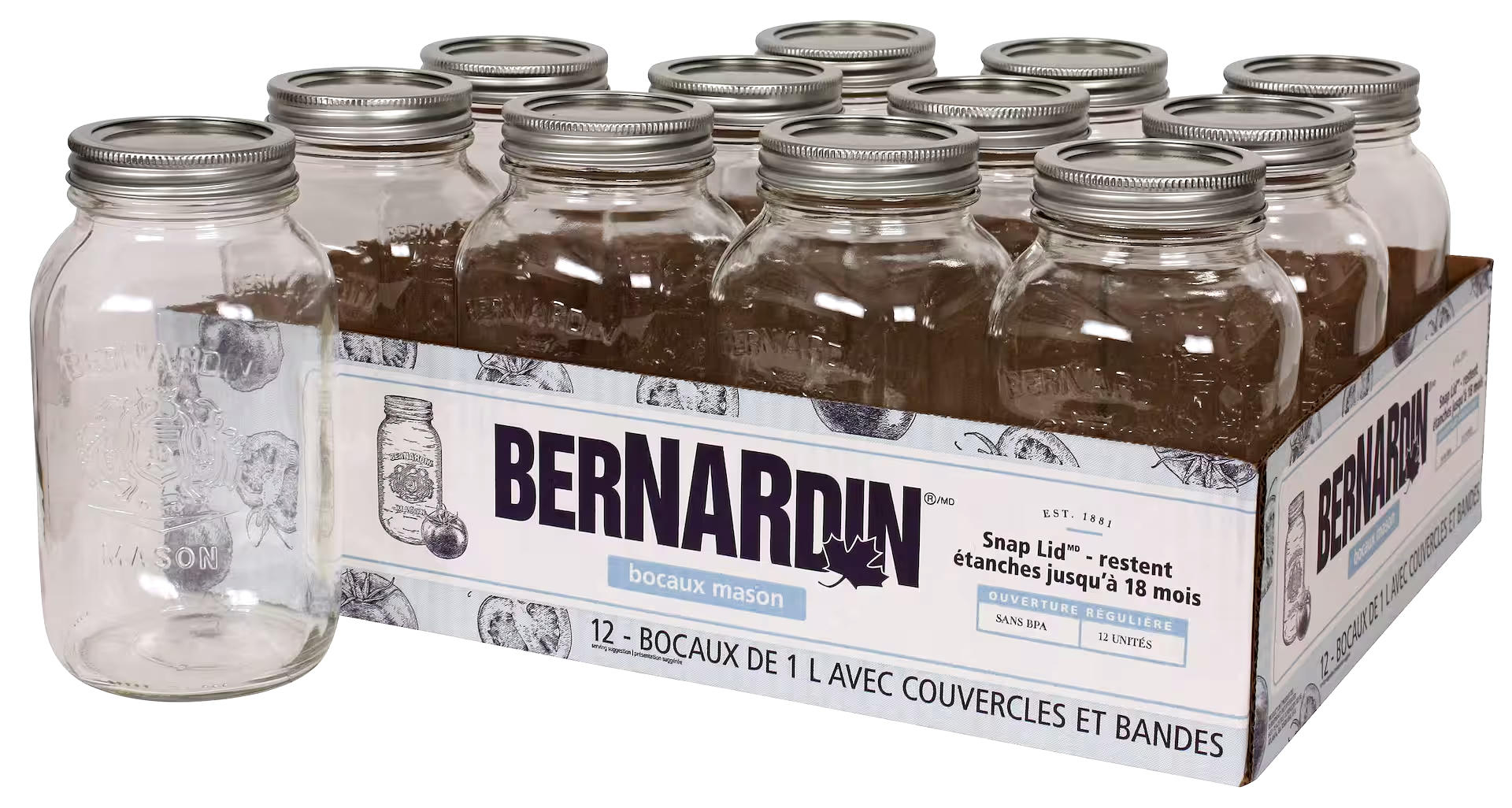 Bernardin Regular Mouth Glass Mason Jars with Snap Lids, 1 L, 12 Count
