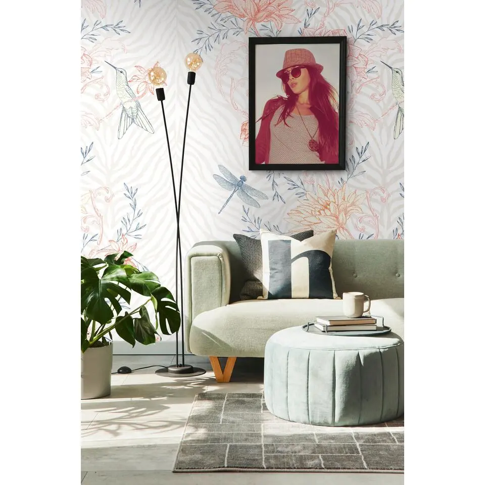 Livingwalls fotobehang bloemen en vogels meerkleurig, oranje, blauw en cr&egrave;me