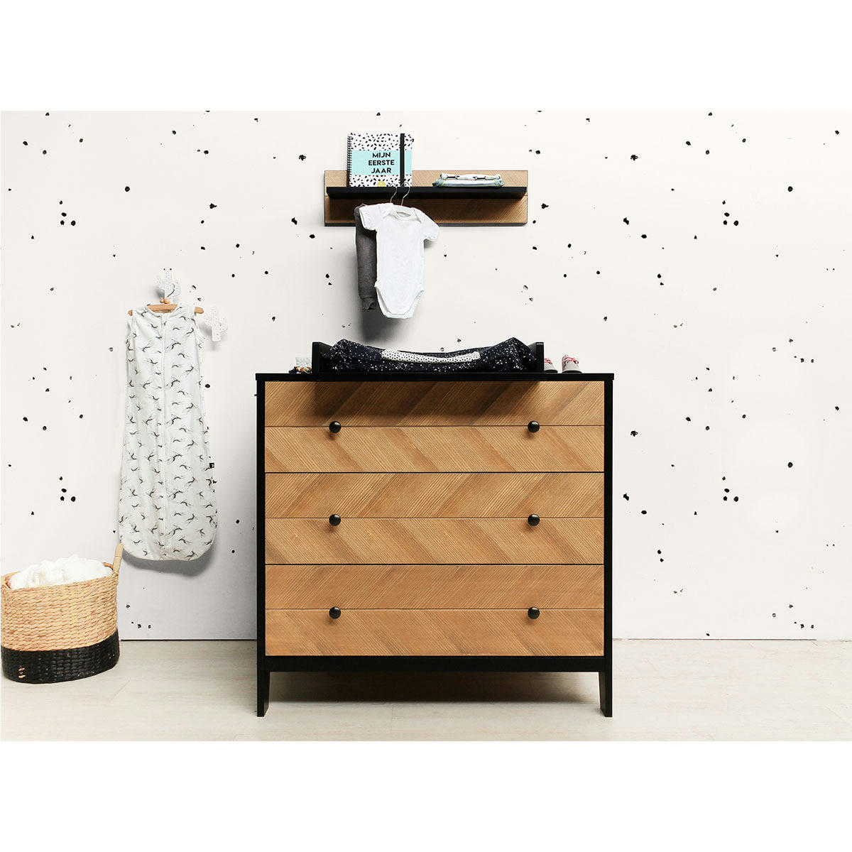 JOB - Commode à langer 3 tiroirs noir naturel naturel