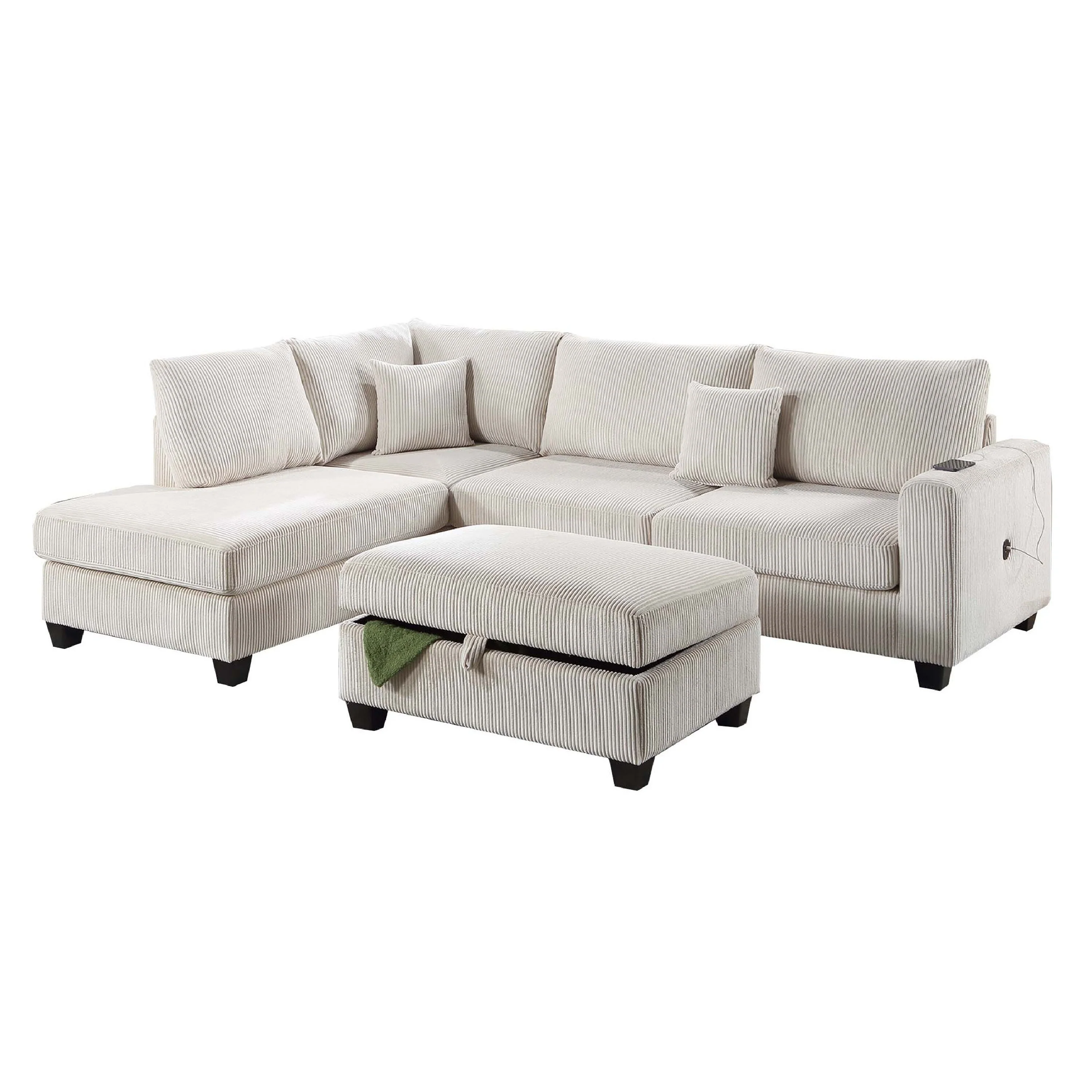 Roe 3pc Sectional Sofa Set with Chaise, Ottoman, 2 Pillows, Ivory