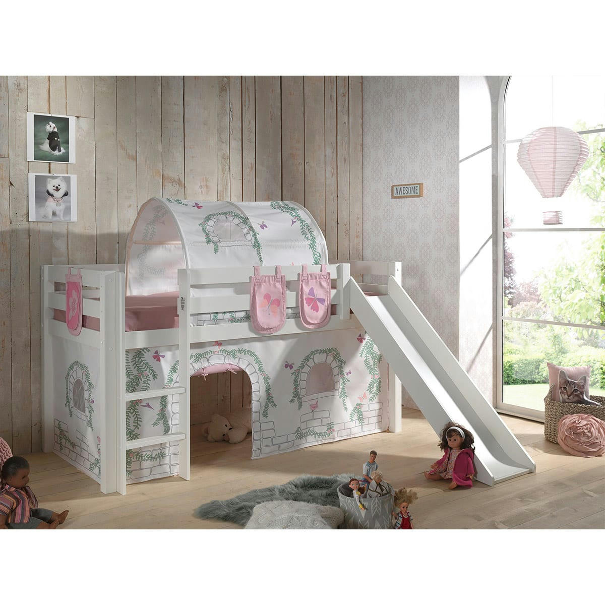 PINO - Lit mi-hauteur 90x200 toboggan sommier inclus housse birdy blanc