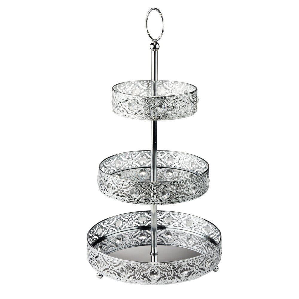 Plateau 3 niveaux arabesque métal argenté Ø25xH46,5cm