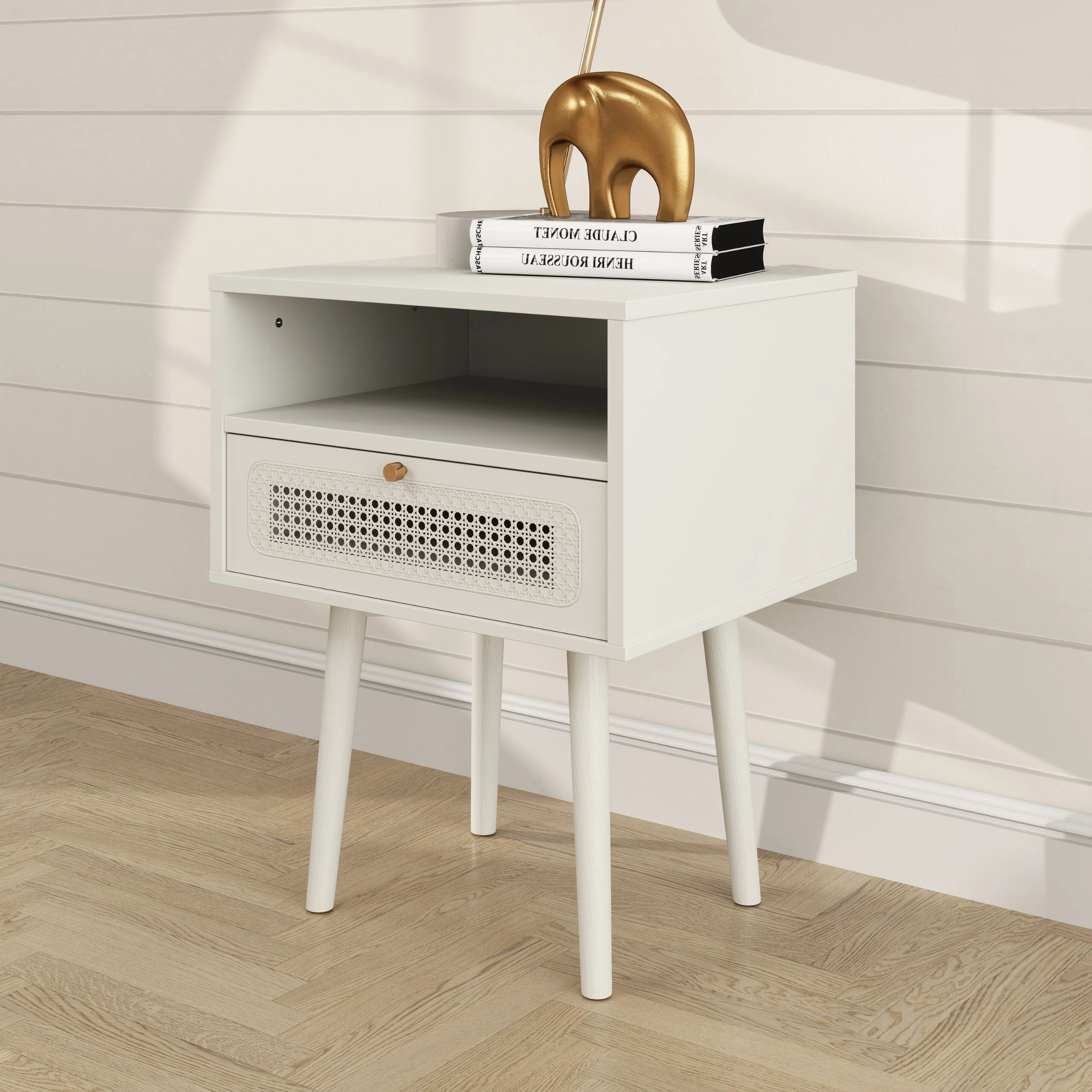 Roundhill Furniture Feeney Dual-tier Storage Nightstand, Cream White