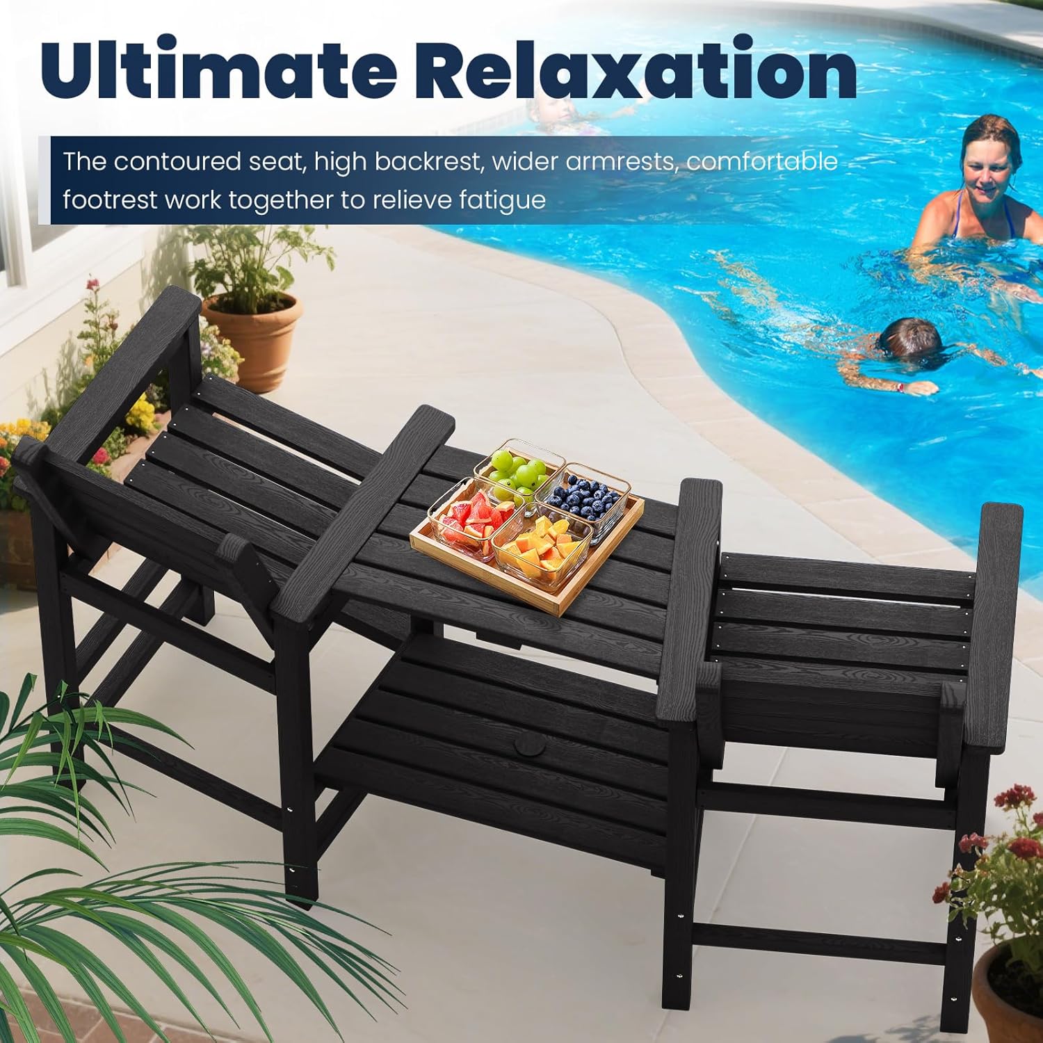 PLUUV Tall Adirondack Chairs Set of 2  All Weather HDPE Poly Bar Height Balcony Adirondack Chair with Removable Double Connecting Trays  Outdoor Adirondack Barstools for Deck  Patio  Yard  Pool  Lawn
