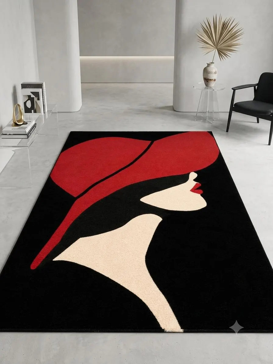 Hand Tufted Wool Abstract Area Rug, Black Red Cream Modern Art Design