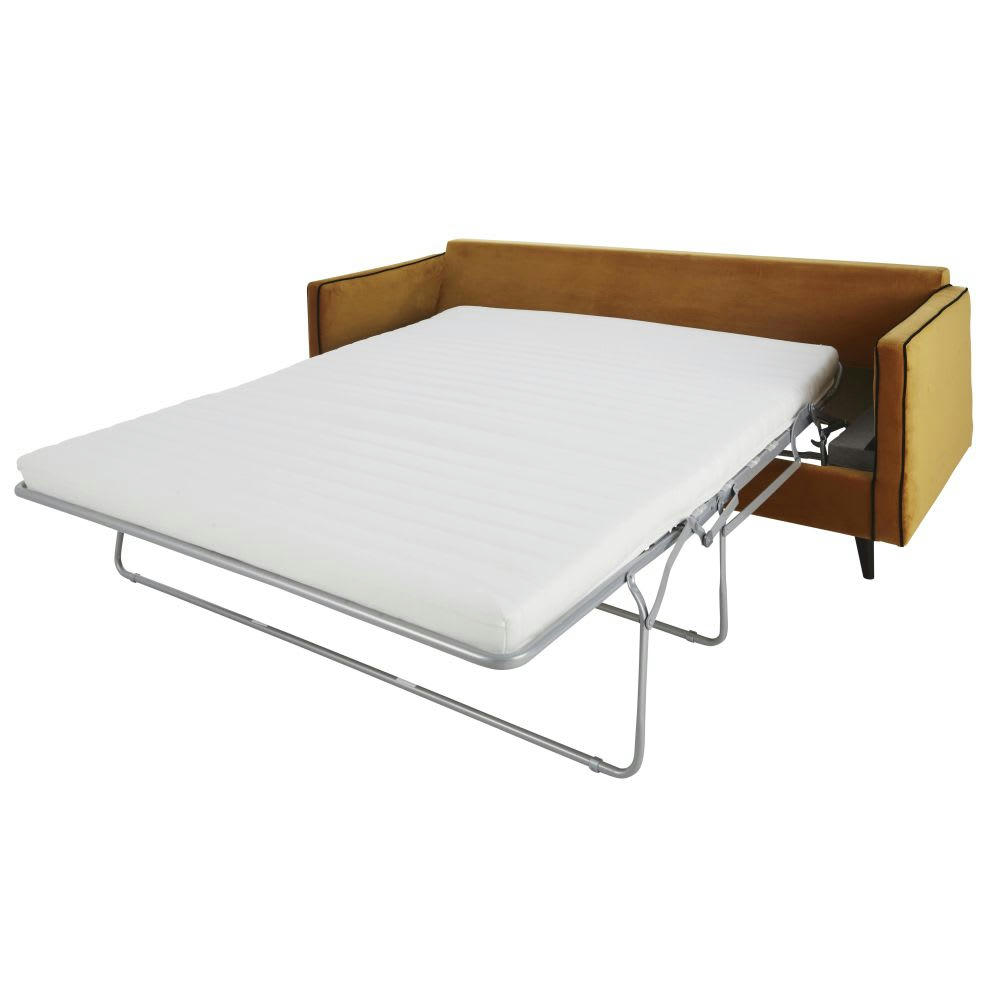 Kant - Canapé-lit 3/4 places en velours ocre et noir, matelas 10 cm