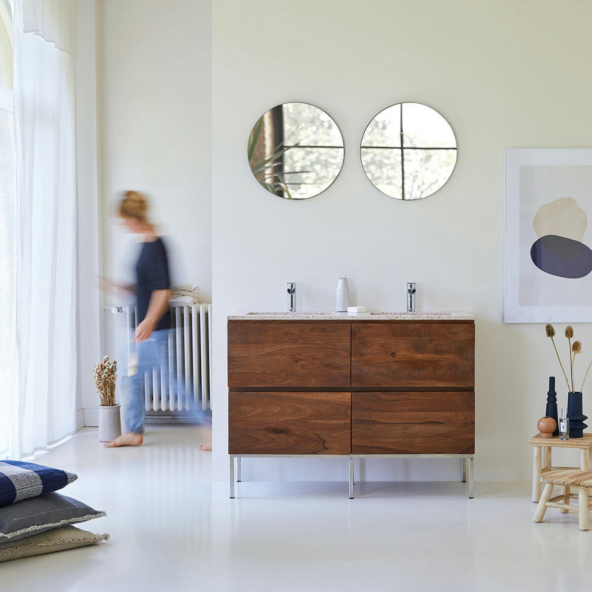 NOVA - Meuble Salle de Bain en palissandre massif et terrazzo Pink 120
