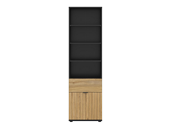 Bibliothèque avec 1 portes et 1 tiroir,coloris Chêne/Noir - Longueur 57 x Profondeur 39,5 x Hauteur 196 cm