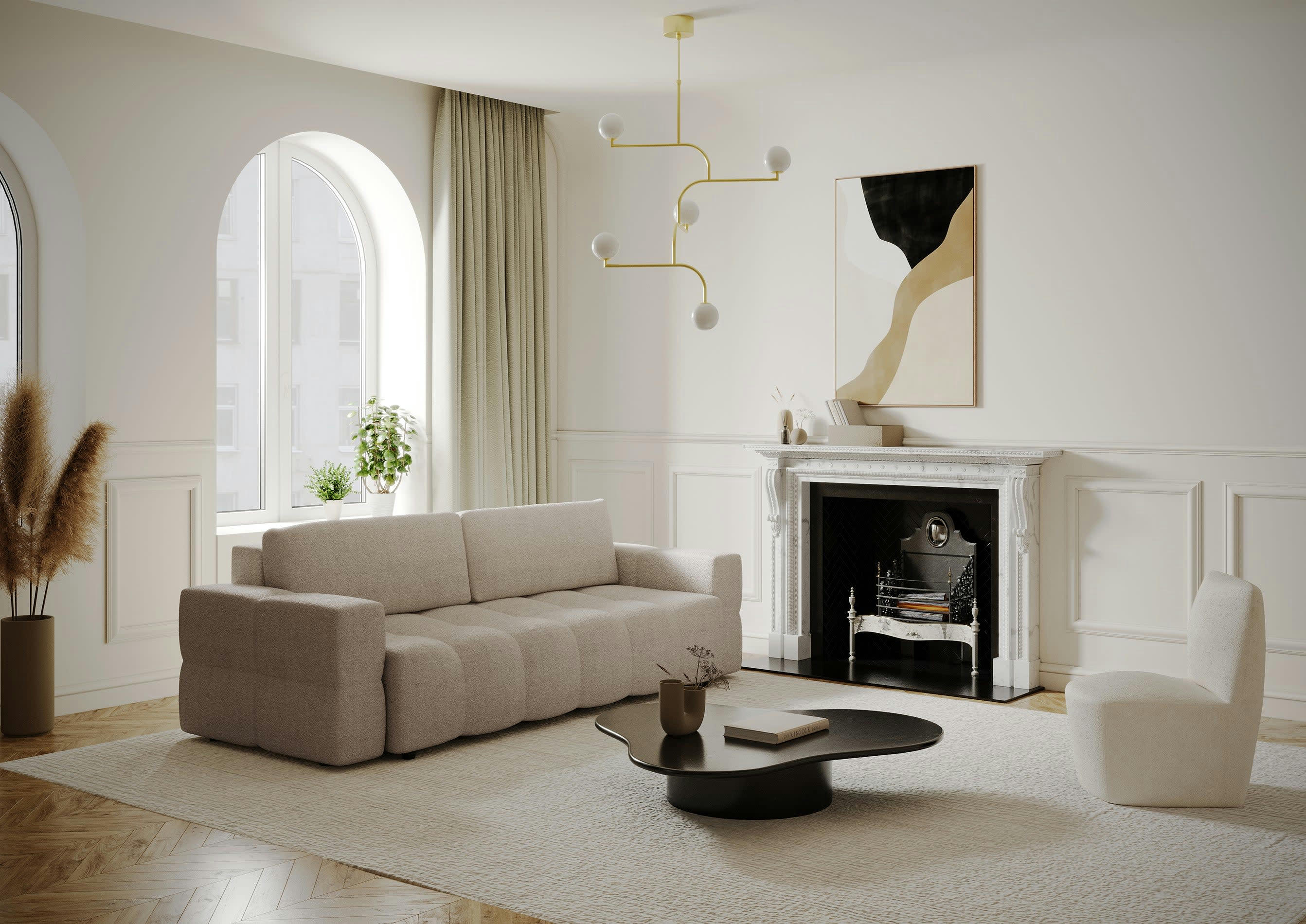 GABRIEL - Canapé 4 places convertible coffre noyer tissu bouclette beige