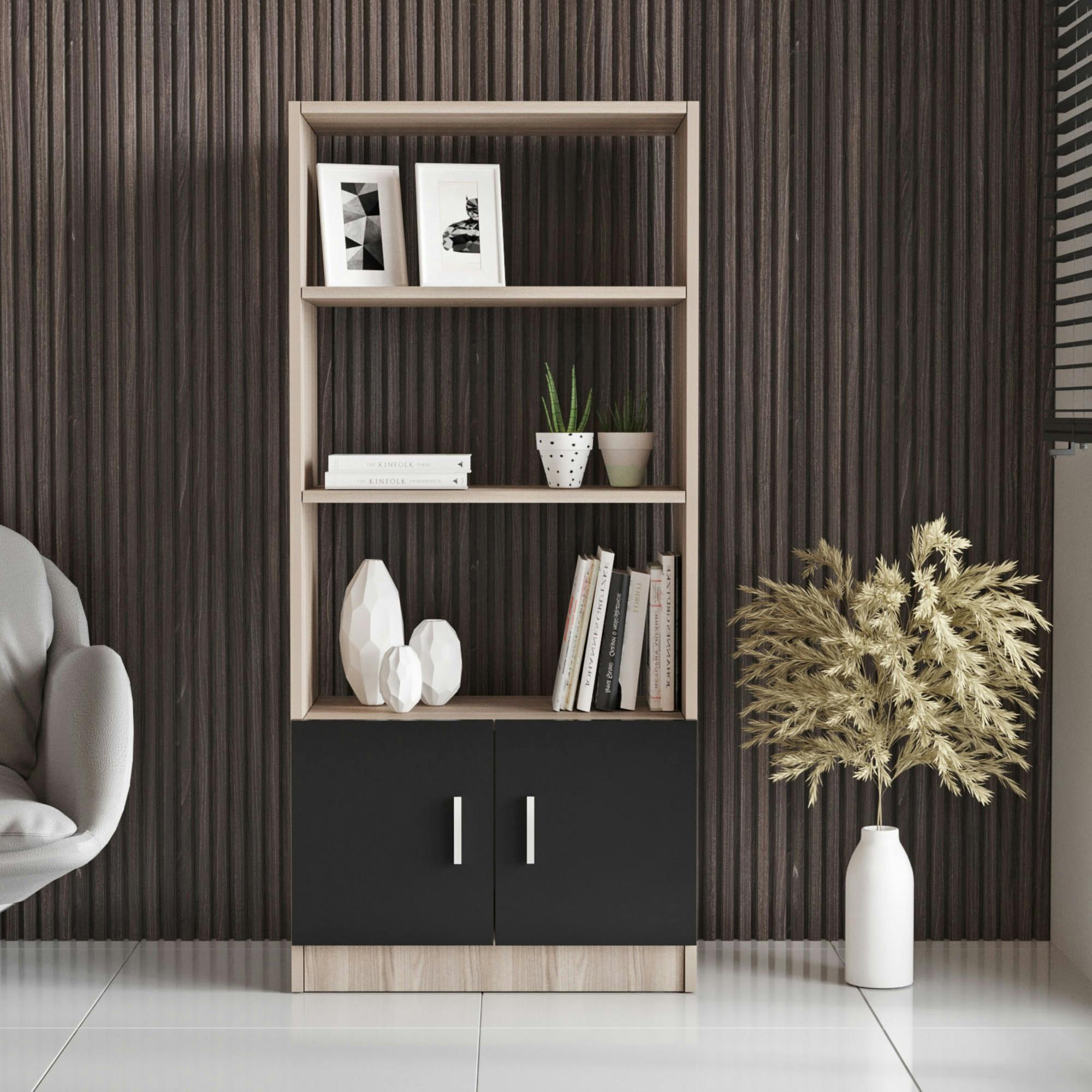 Bibliothèque moderne effet bois avec portes noires MARFA