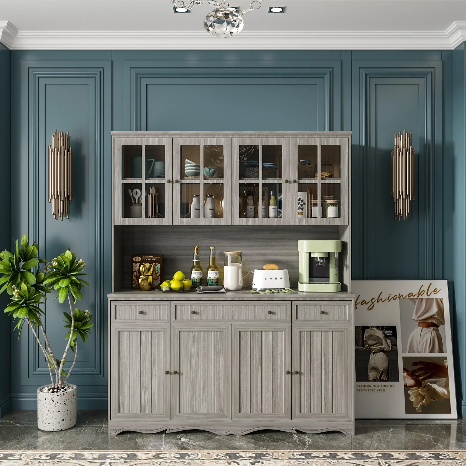 Kitchen Buffet Hutch Freestanding Storage Pantry Cabinet Sideboard - 61.2Wx75.9H