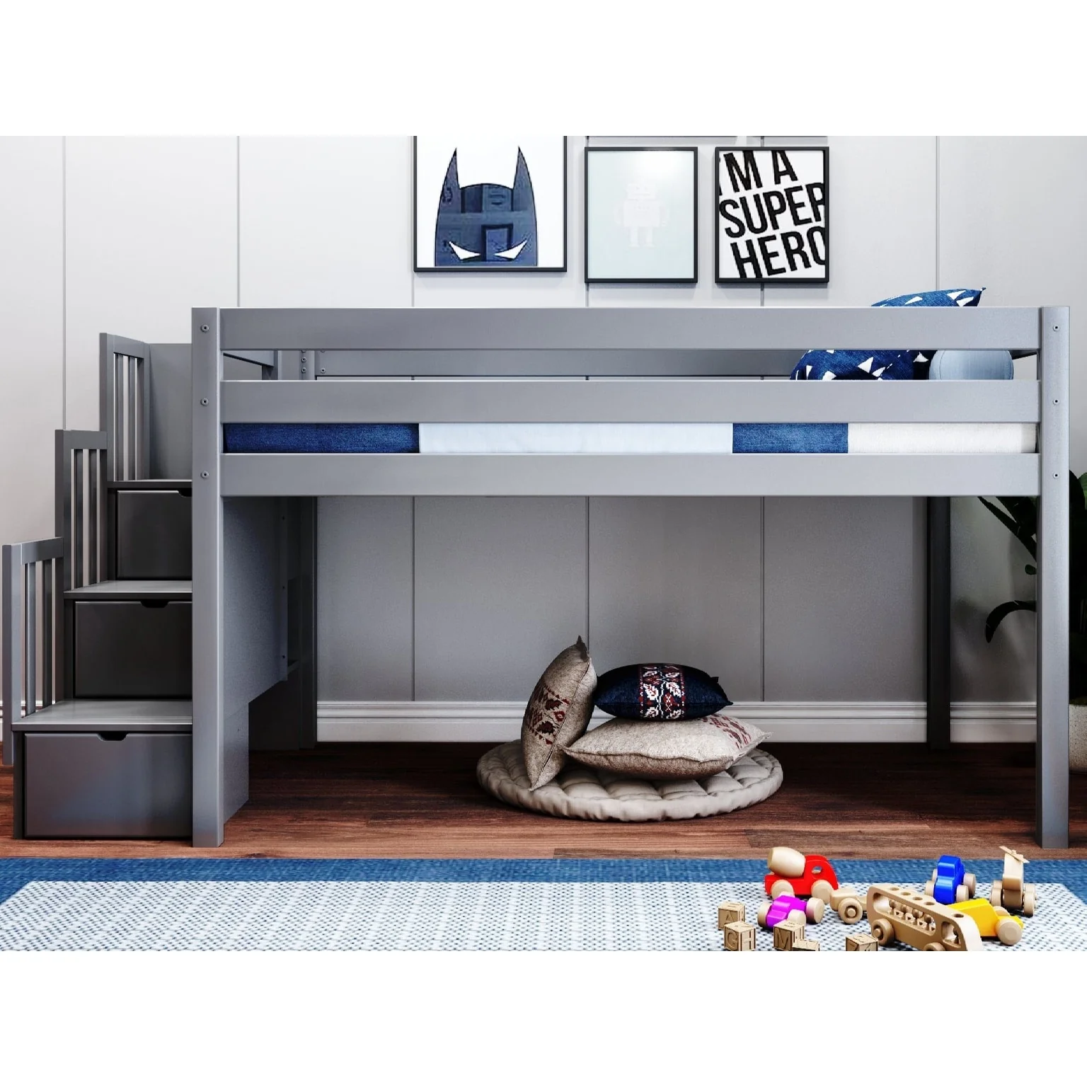 JACKPOT Contemporary Low Loft Twin Bed with 3 Step Stairway