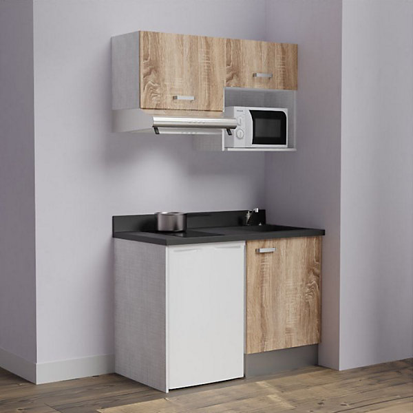 Kitchenette K02 - 120 cm - façades Bois - Plan monobloc en quartz coloris Nero évier à droite