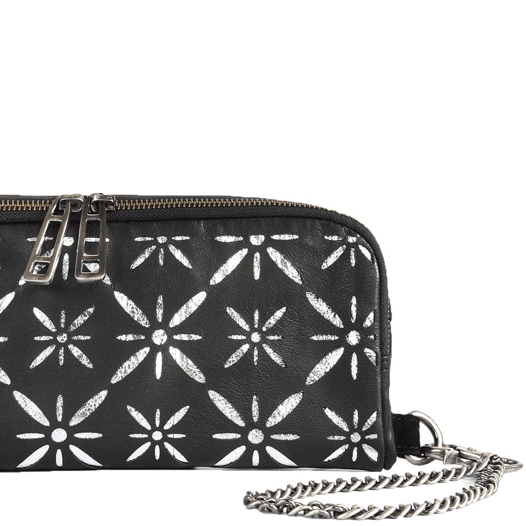 Assots London HOLBORN' Metallic Silver and Black Floral Designer Leather Clutch Bag