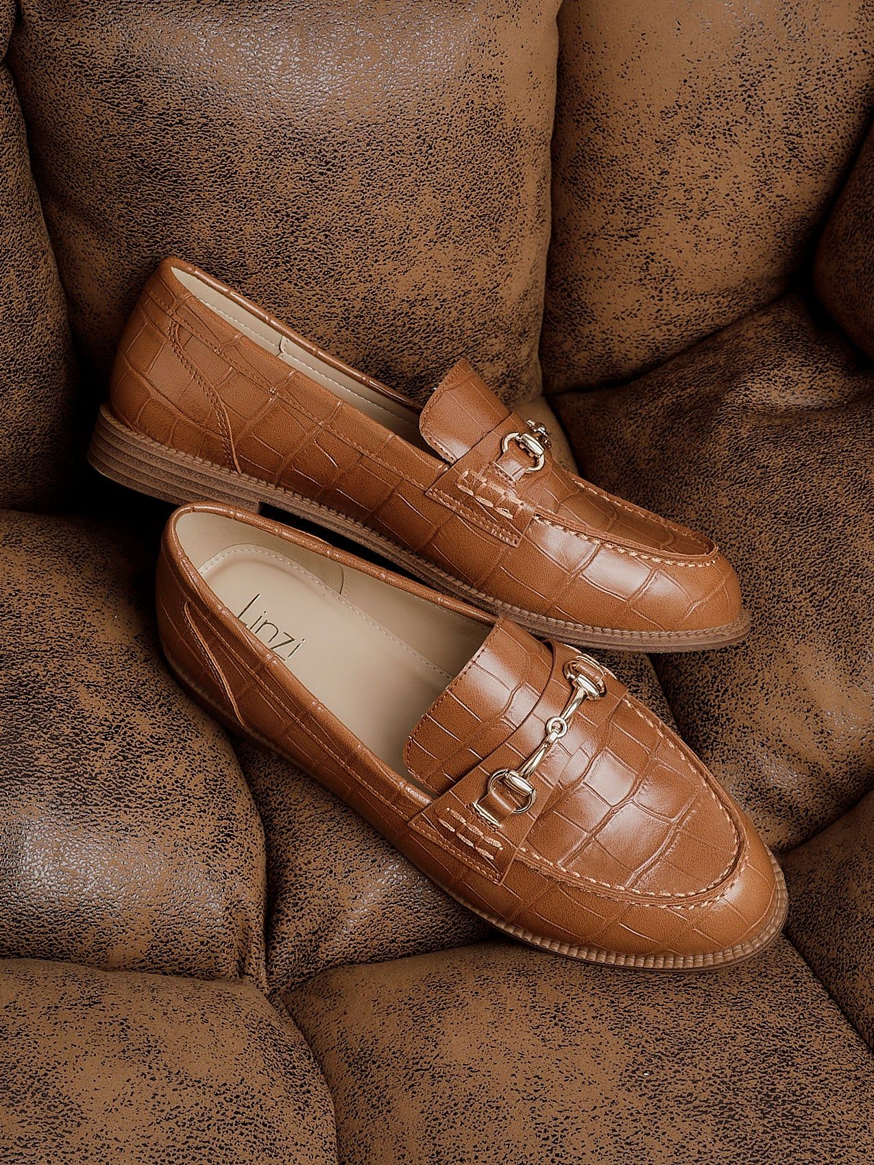 Linzi Maison Tan Faux Croc Patent Leather Loafers