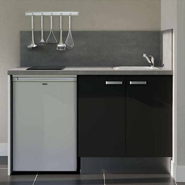 Kitchenette K17 façades Noir - Plan de travail Gris béton - Crédences : Oui - Evier inox - Electroménager Inox inclus