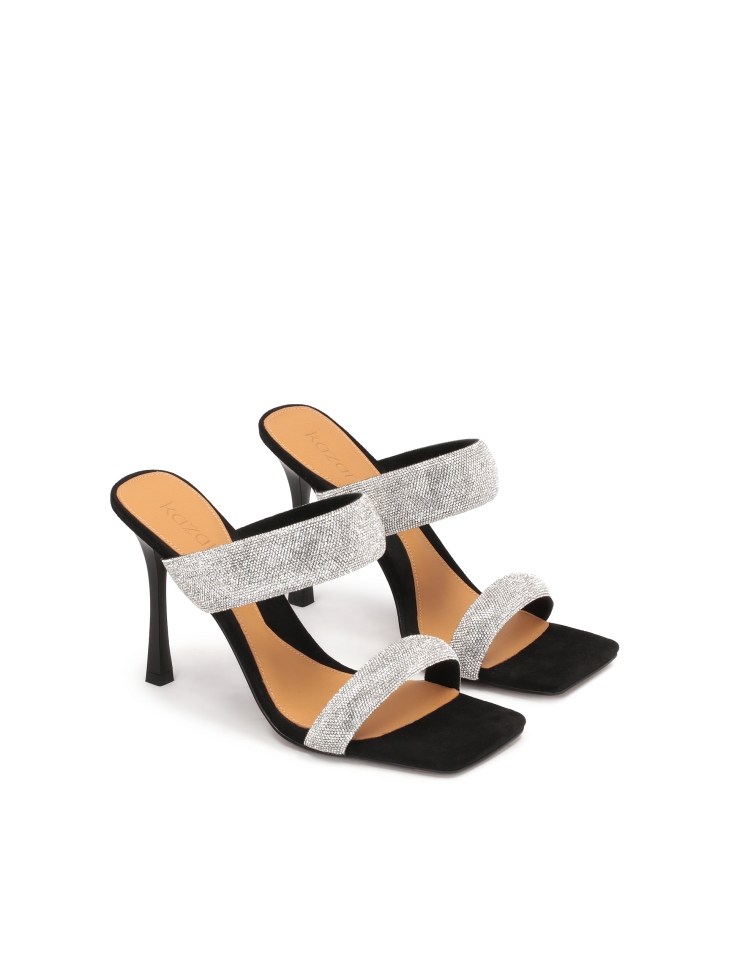 Black mules on heels with sparkly straps