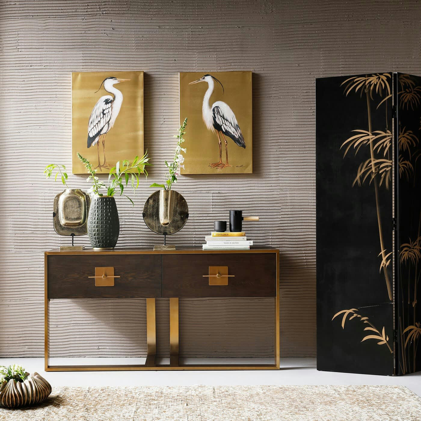 OSAKA - Console 2 tiroirs rétro marron et acier doré