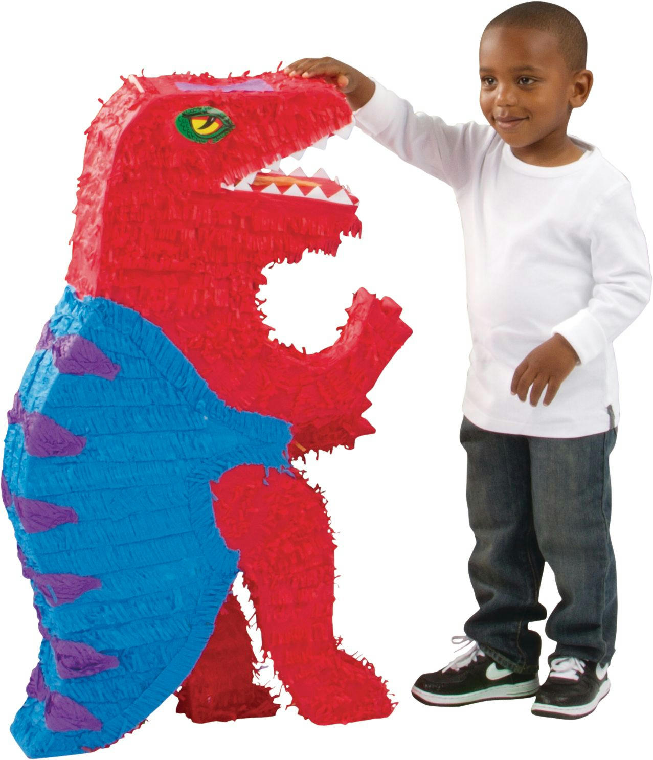 T-Rex Dinosaur Pinata Hanging Decoration, Red/Blue, 36-in, Holds 10lb of Pinata Filler, for Birthday Parties