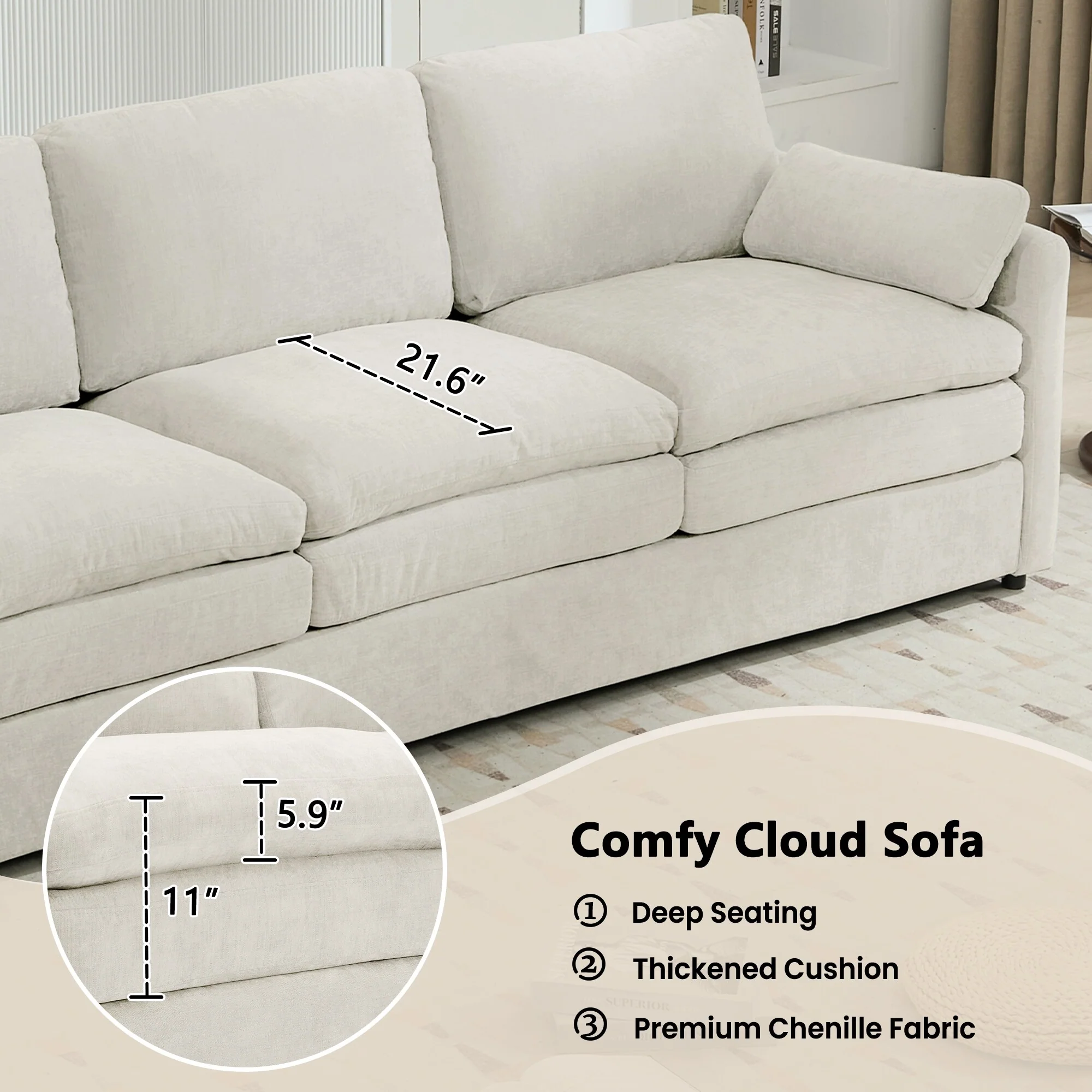 Cozy Upholstered 3-Seater Sofa Oversized Comfy Cloud Sofa Double Cushion 3-Seater Sofa Plush Cushion Sofa Couch