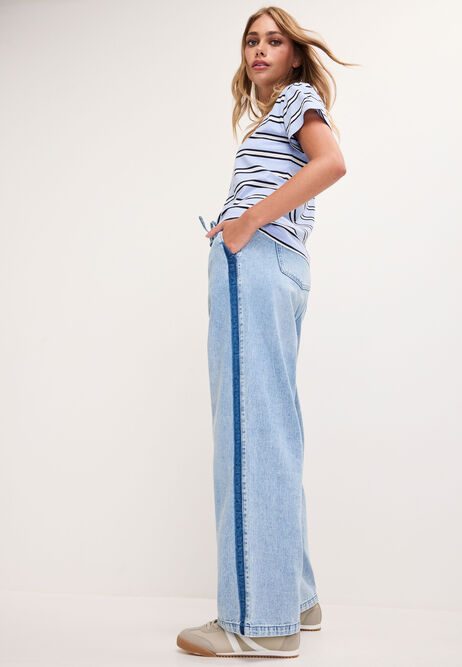 Womens Blue Stripe Wide Leg Drawstring Jeans