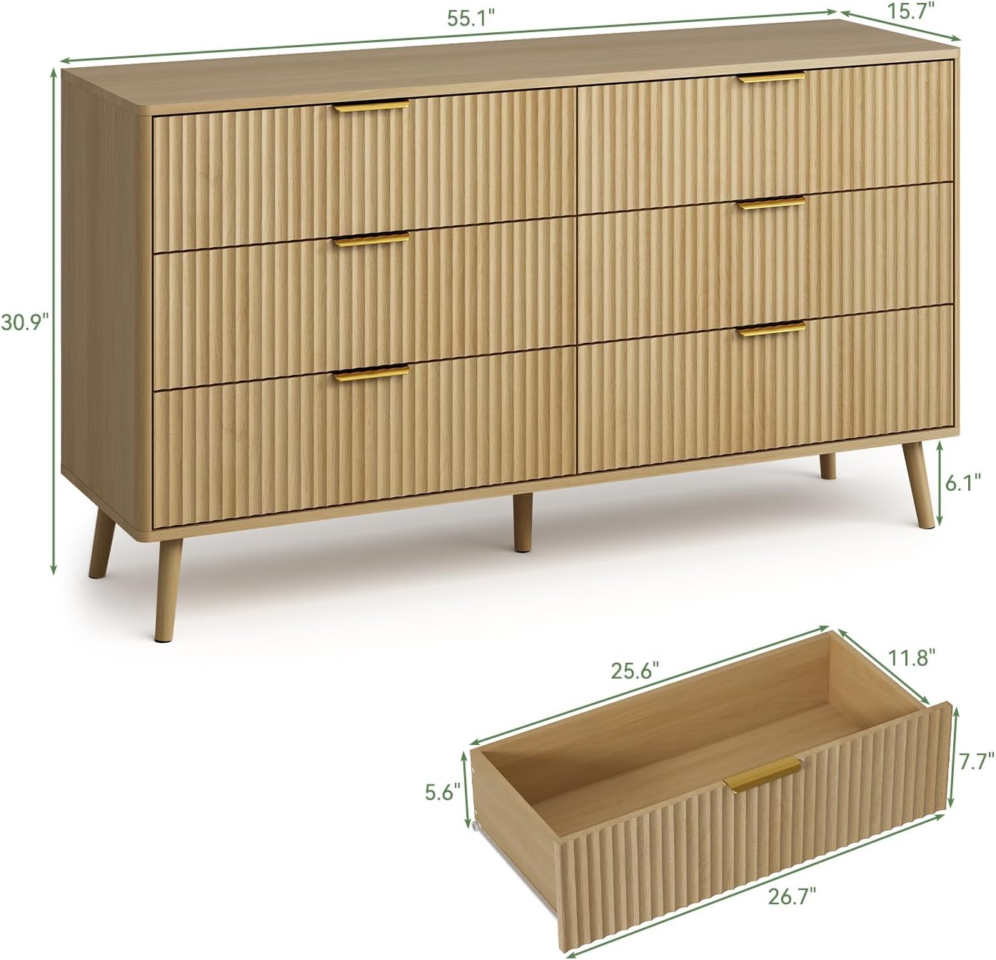 LYNSOM 55 Wide Fluted Dresser for Bedroom with 6 Drawer, Modern Chest of Drawers with Curved Profile Design and Metal Handles, Wood Dresser TV Stand & Storage Organizer for Living Room, Oak