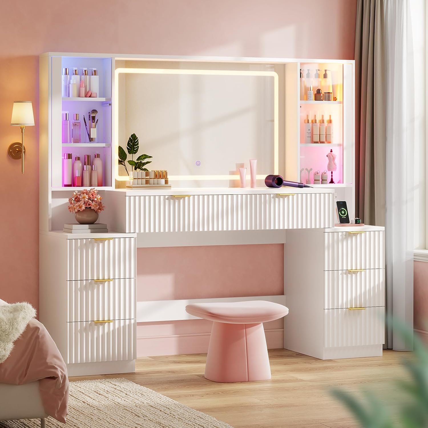 Big Vanity, Fluted Wood Makeup Vanity Desk with Mirror and Sound Sync LED Lights, Large Vanity Dressing Table, 8 Drawers, Charging Station for Girls, Women (White, 59.1 Width)
