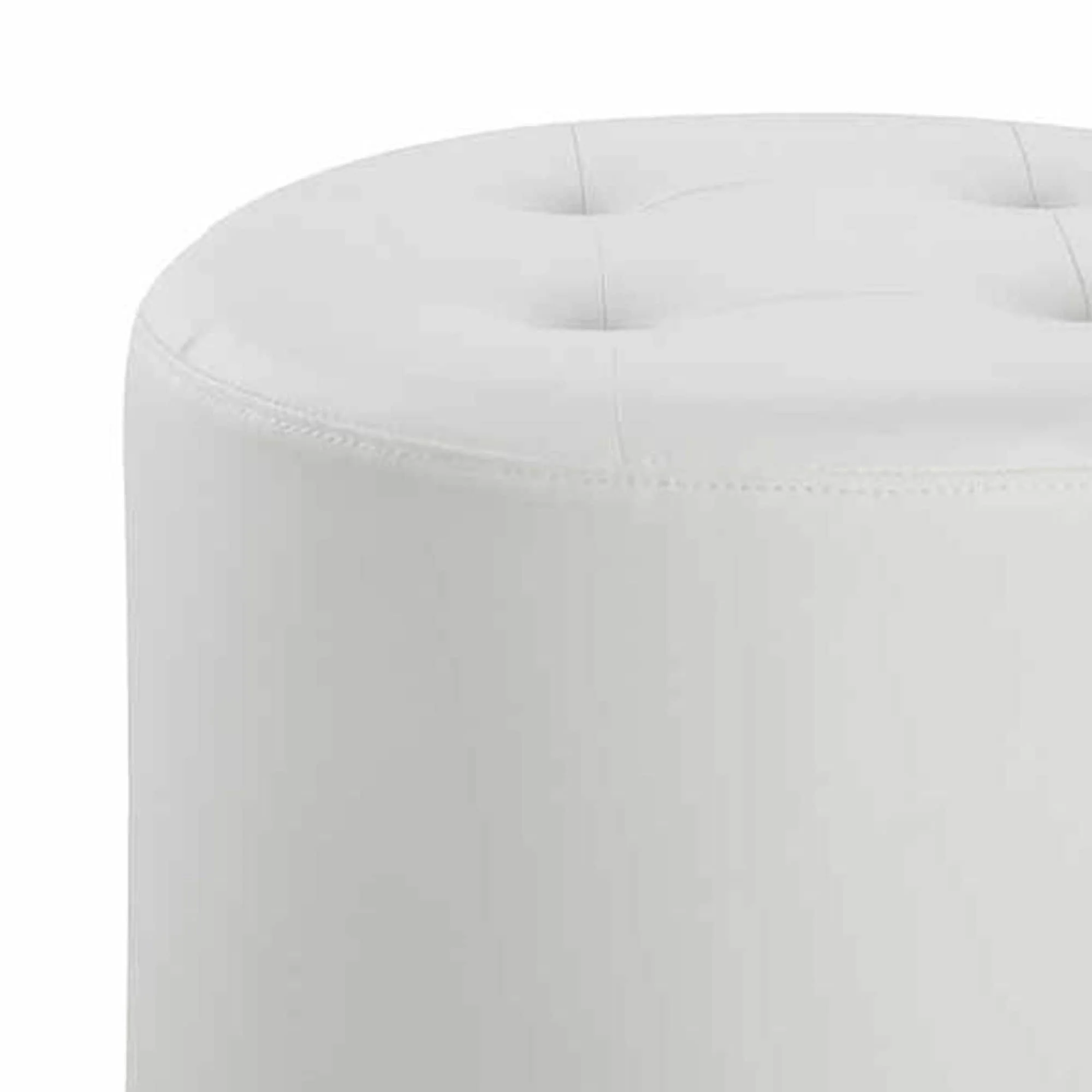 18 Inch Round Swivel Ottoman, Vegan Faux Leather, Tufted Seat, White, Chrome