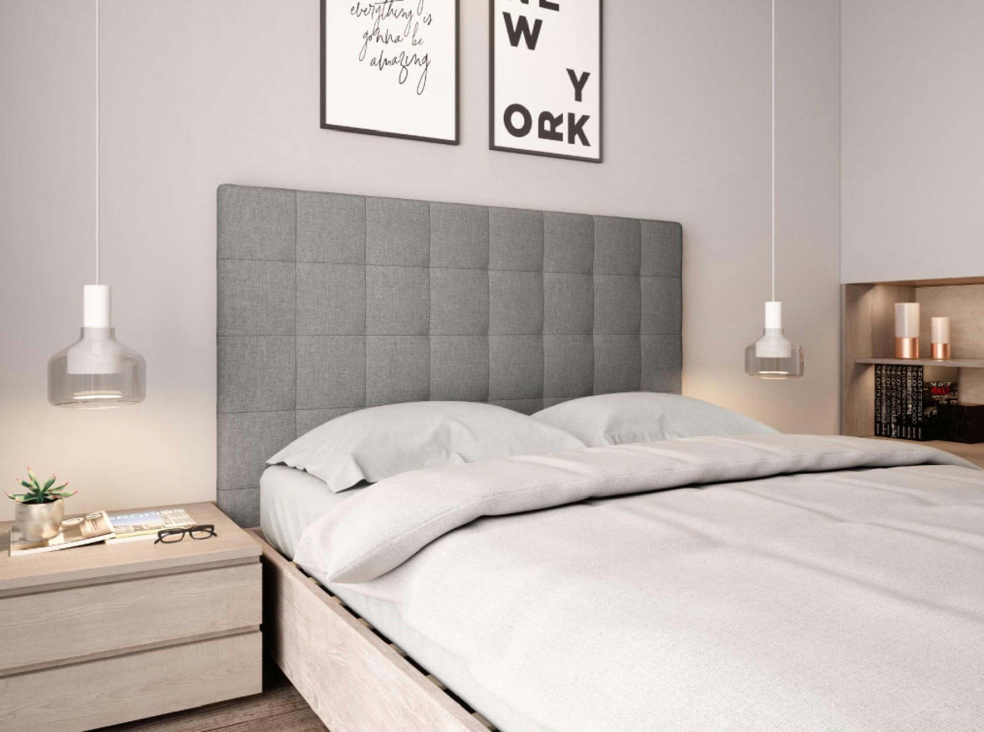 MEGAN - Tête de lit capitonnée en tissu - Gris, Largeur - 160 cm