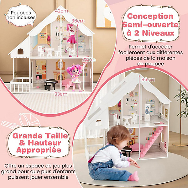 Maison de Poupée en Bois, Maison de Rêve Semi-Ouverte à 2 étages pour Enfants, Meubles Simulés, 81x30x86 cm, Blanc