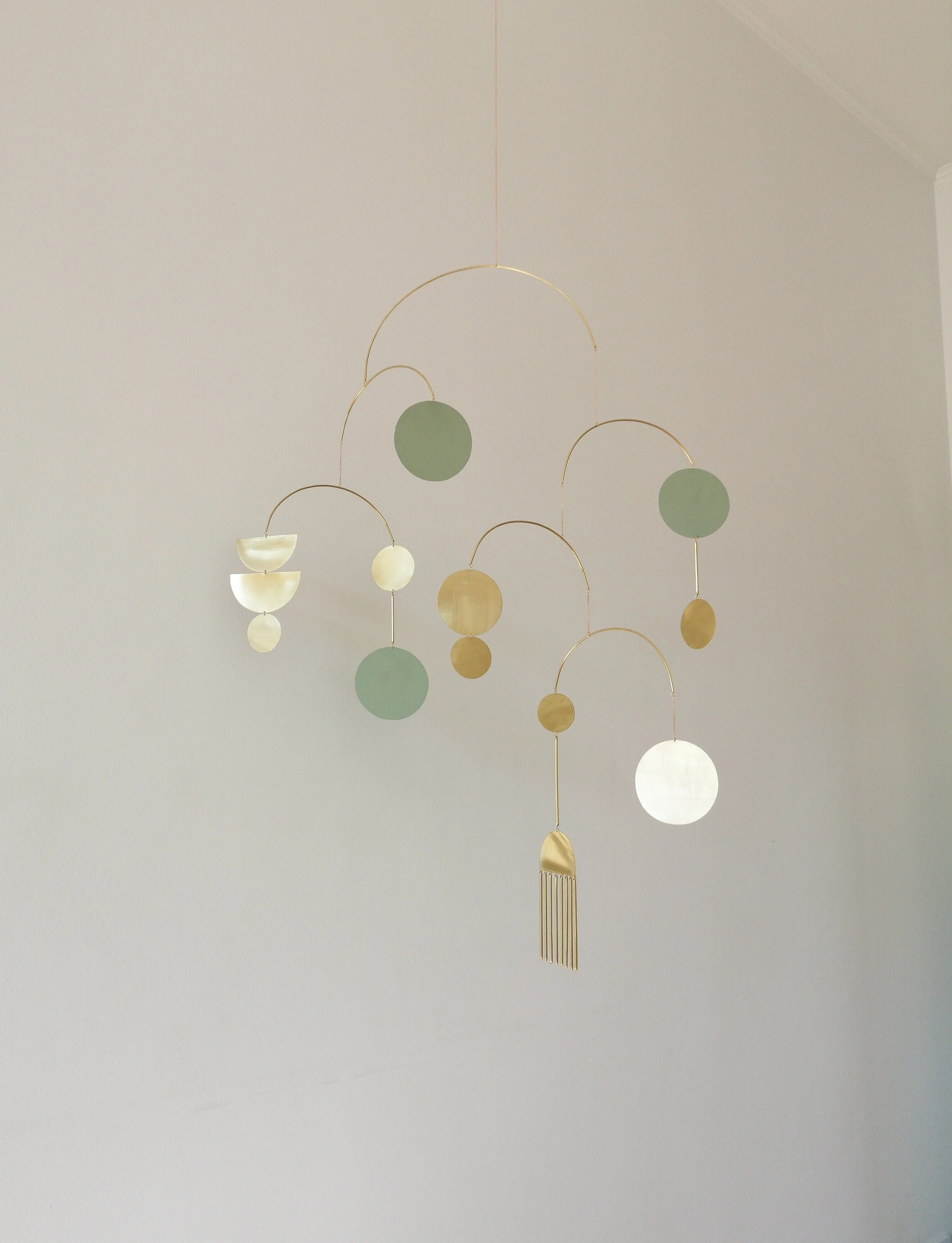 Large brass kinetic mobile. Gold metal hanging sculpture. Mid-century modern art decor